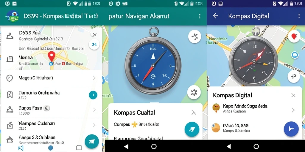 Antarmuka aplikasi DS99 dengan fungsi kompas digital yang tepat.