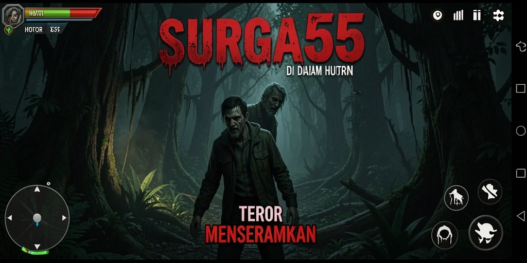 Antarmuka SURGA55 menampilkan hutan angker yang menyeramkan.